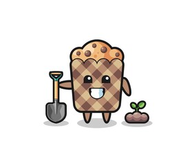 cute muffin cartoon is planting a tree seed