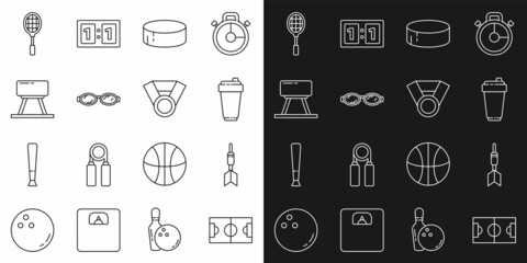 Set line Football or soccer field, Dart arrow, Fitness shaker, Hockey puck, Glasses for swimming, Pommel horse, Tennis racket and Medal icon. Vector