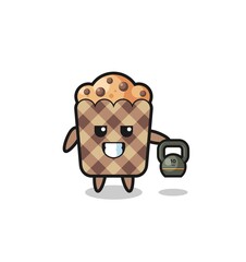 Fototapeta premium muffin mascot lifting kettlebell in the gym