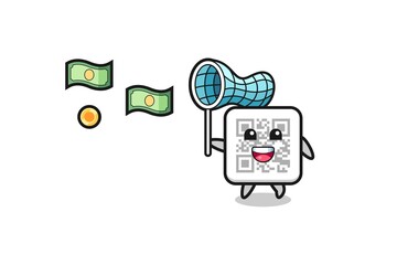 illustration of the qr code catching flying money