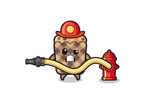 muffin cartoon as firefighter mascot with water hose