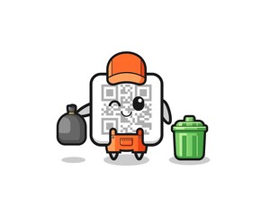 the mascot of cute qr code as garbage collector