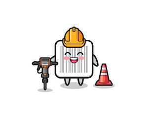Fototapeta premium road worker mascot of barcode holding drill machine