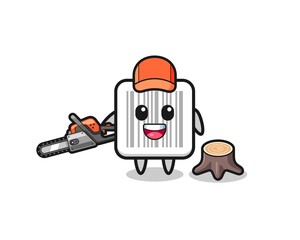 barcode lumberjack character holding a chainsaw