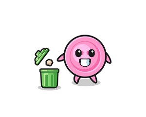 illustration of the clothing button throwing garbage in the trash can