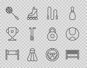 Set line Volleyball net, Ribbon in finishing line, Jump rope, Badminton shuttlecock, Tennis racket, Golf club, Steering wheel and icon. Vector