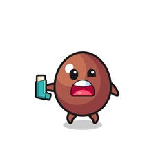 chocolate egg mascot having asthma while holding the inhaler