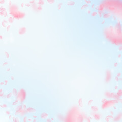 Sakura petals falling down. Romantic pink flowers vignette. Flying petals on blue sky square background. Love, romance concept. Creative wedding invitation.