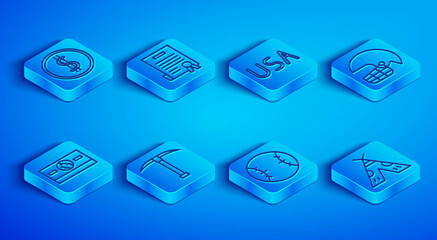 Set line Coin money with dollar, Declaration of independence, USA label, Pickaxe, Baseball ball, American football helmet, Stacks paper cash and Indian teepee or wigwam icon. Vector © Kostiantyn