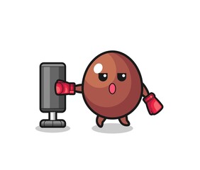 chocolate egg boxer cartoon doing training with punching bag