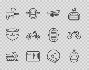 Set line Snowmobile, Helmet and action camera, Hang glider, Action extreme, Paintball gun, Mountain bike, and Motorcycle icon. Vector