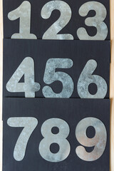 grungy metallic numbers on wood