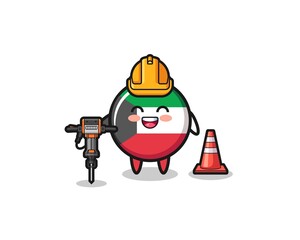 road worker mascot of kuwait flag holding drill machine
