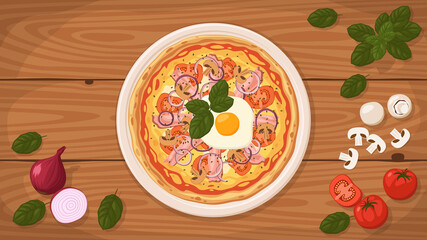 Detailed flat vector illustration of a delicious Australian Pizza on a plate surrounded with fresh ingredients.