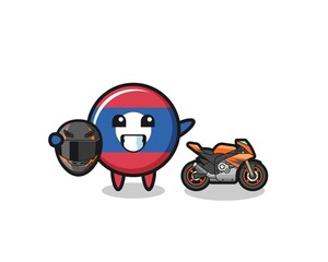 cute laos flag cartoon as a motorcycle racer
