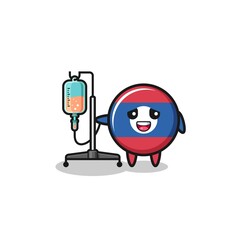 cute laos flag character standing with infusion pole
