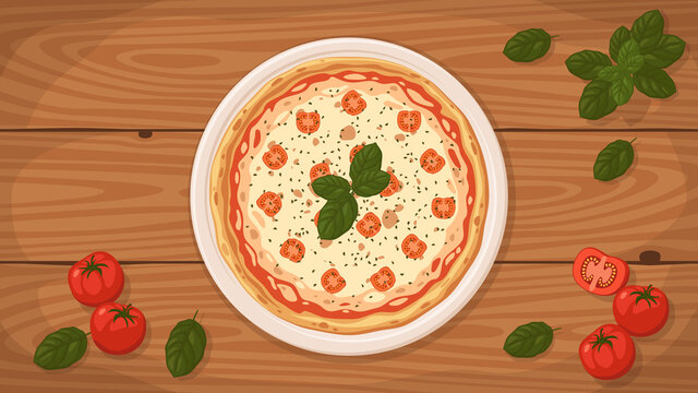 Detailed flat vector illustration of a delicious Italian style Pizza Bufalina on a plate surrounded with fresh ingredients.