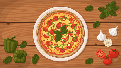 Detailed flat vector illustration of a delicious American style Grilled Pizza on a plate surrounded with fresh ingredients. Charred crust.