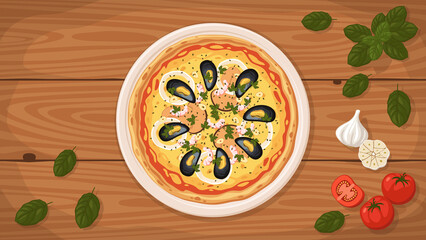 Detailed flat vector illustration of a delicious Italian style Pizza Mare e Monti on a plate surrounded with fresh ingredients.