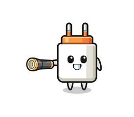 power adapter mascot holding flashlight