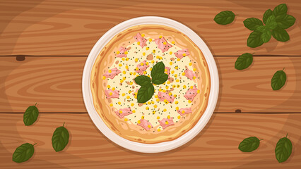 Detailed flat vector illustration of a delicious Italian style Pizza Mimosa on a plate surrounded with fresh ingredients.