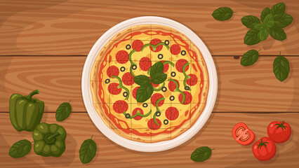Detailed flat vector illustration of a delicious St. Louis-Style Pizza on a plate surrounded with fresh ingredients.