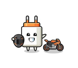 cute power adapter cartoon as a motorcycle racer