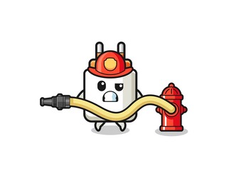 power adapter cartoon as firefighter mascot with water hose
