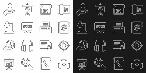 Set line Briefcase, Head hunting concept, Address book, Calendar, Location with text work, Table lamp, Hand for search people and Printer icon. Vector