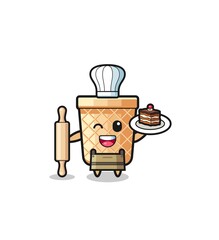 waffle cone as pastry chef mascot hold rolling pin