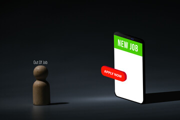 A picture of smartphone with new job word and apply now button. Also insight peg doll and out of job word. Online job application during covid-19