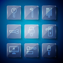 Set line Lock on computer monitor, Marked key, Locked, Password protection, and, Key, Undefined and Door handle icon. Vector