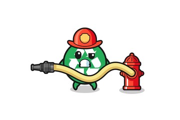 recycling cartoon as firefighter mascot with water hose