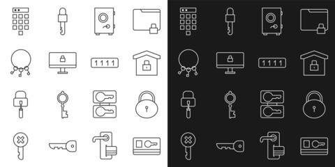 Set line Key card, Lock, House under protection, Safe, computer monitor, Bunch of keys, Password and icon. Vector