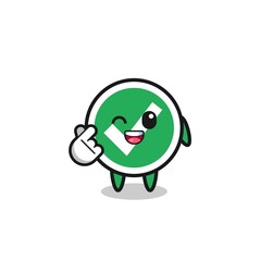 check mark character doing Korean finger heart