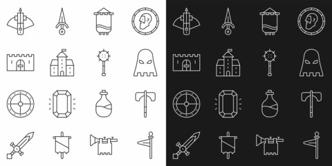 Set line Medieval flag, axe, Executioner mask, Castle, fortress, castle gate, Battle crossbow with arrow and chained mace ball icon. Vector