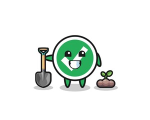 cute check mark cartoon is planting a tree seed