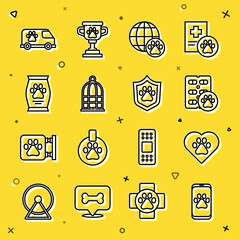Set line Veterinary clinic, Heart with animals footprint, Dog pill, World pet, Cage for birds, Bag of food, ambulance and Animal health insurance icon. Vector
