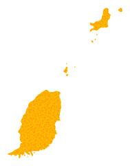 Vector Gold map of Grenada Islands. Map of Grenada Islands is isolated on a white background. Gold particles pattern based on solid yellow map of Grenada Islands.