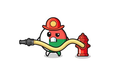 madagascar flag cartoon as firefighter mascot with water hose