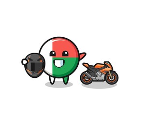 cute madagascar flag cartoon as a motorcycle racer