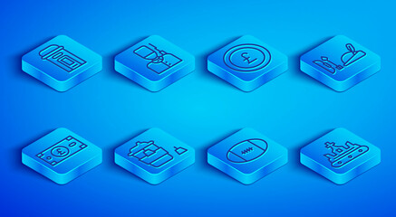 Set line London phone booth, British soldier, Coin money with pound, Coffee cup to go, Rugby ball, Robin hood hat, Pound sterling and crown icon. Vector