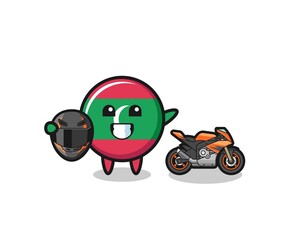 cute maldives flag cartoon as a motorcycle racer