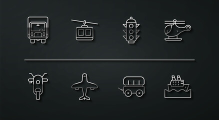Set line Delivery cargo truck, Scooter, Helicopter, Wild west covered wagon, Plane, Cable, Cruise ship and Traffic light icon. Vector