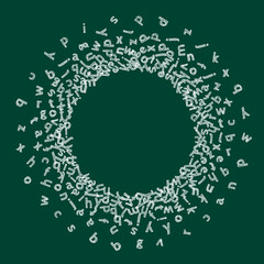 Falling letters of English language. Childish chalk flying words of Latin alphabet. Foreign languages study concept. Memorable back to school banner on blackboard background.