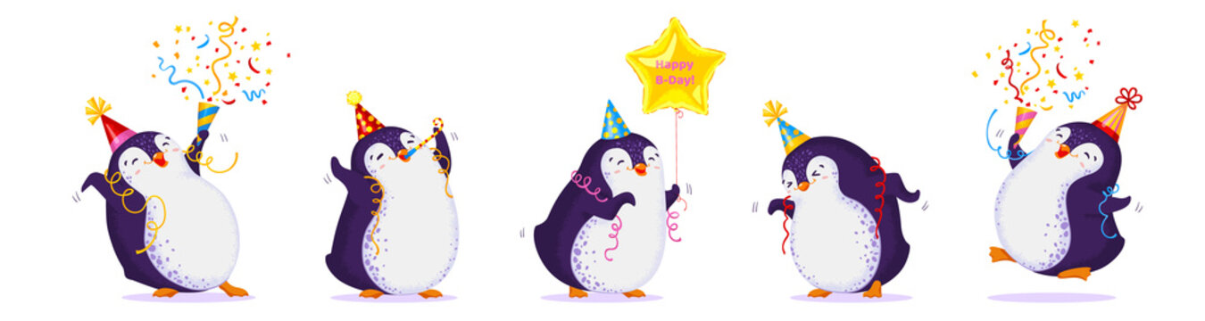 Set of cute dancing penguins in different poses and birthday caps. Happy Birthday greetings. Vector illustration in cartoon style. All elements are isolated.
