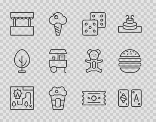 Set line Amusement park map, Tarot cards, Game dice, Popcorn in box, Ticket office, Fast street food cart, and Burger icon. Vector