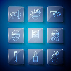 Set line Police rubber baton, Hand grenade, Whistle, Protest, Special forces soldier, Megaphone and Gas mask icon. Vector