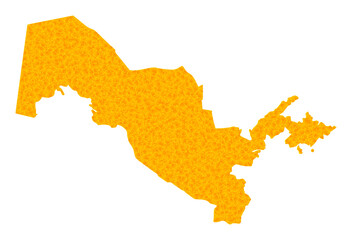 Vector Gold map of Uzbekistan. Map of Uzbekistan is isolated on a white background. Gold items texture based on solid yellow map of Uzbekistan.