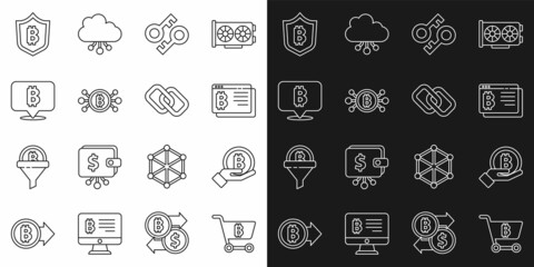 Set line Shopping cart with bitcoin, Hand holding Bitcoin, browser, Cryptocurrency key, circuit, Shield and Chain link icon. Vector